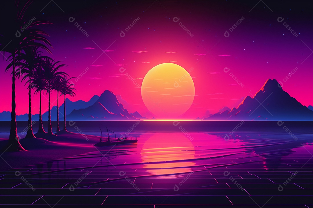 Neon retrowave ou fundo synthwave com grade e sol.