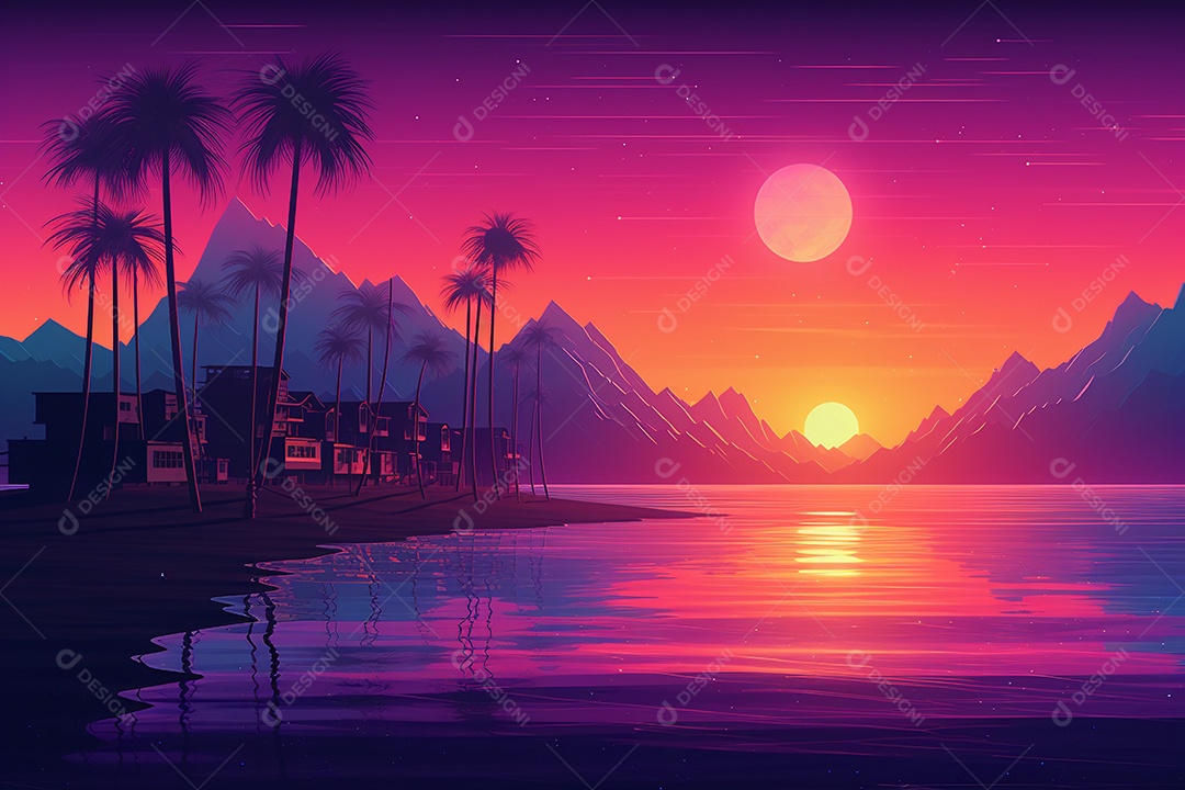 Neon retrowave ou fundo synthwave com grade e sol.