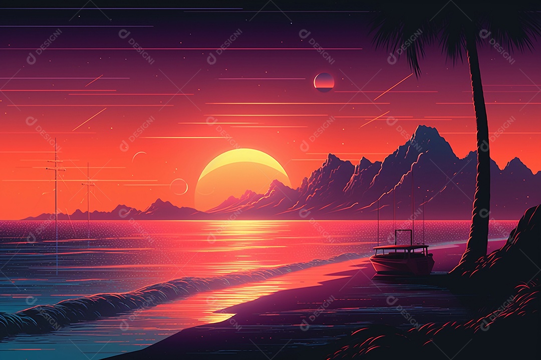 Neon retrowave ou fundo synthwave com grade e sol.