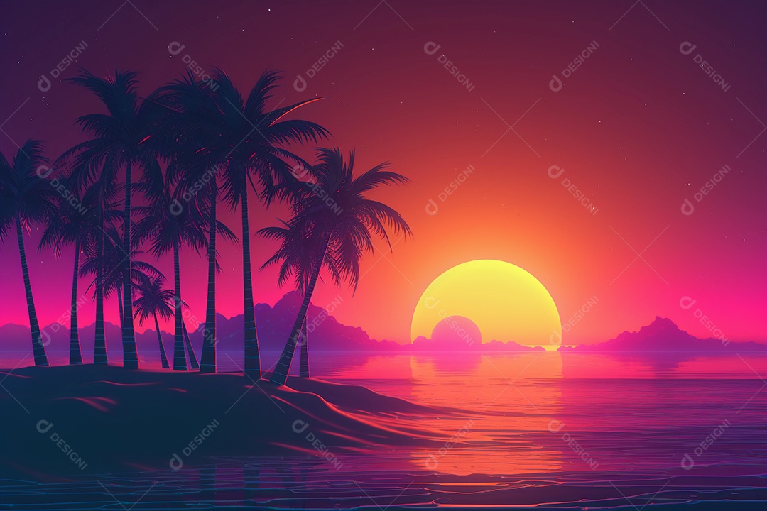 Neon retrowave ou fundo synthwave com grade e sol.