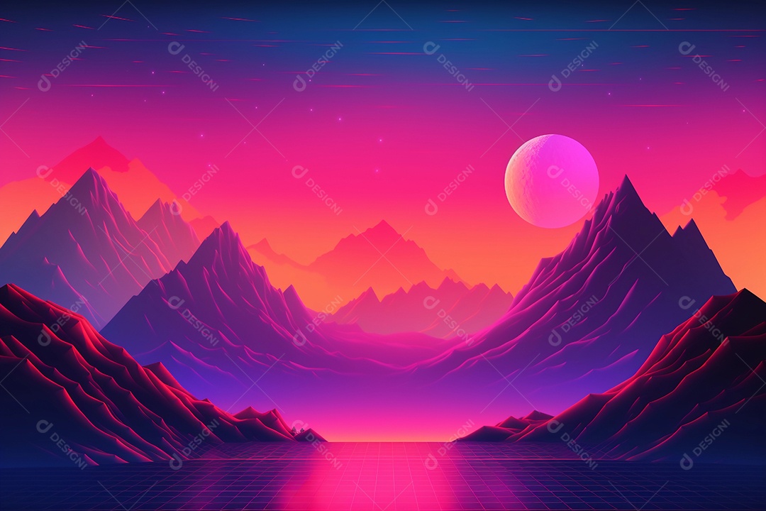 Neon retrowave ou fundo synthwave com grade e sol.