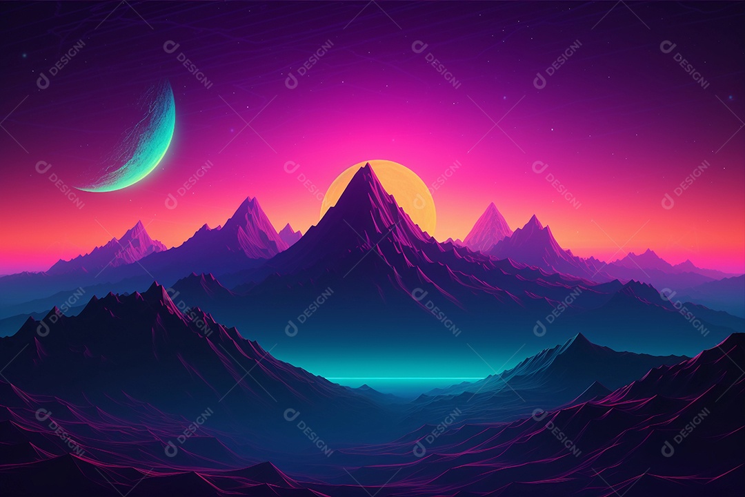 Neon retrowave ou fundo synthwave com grade e sol.