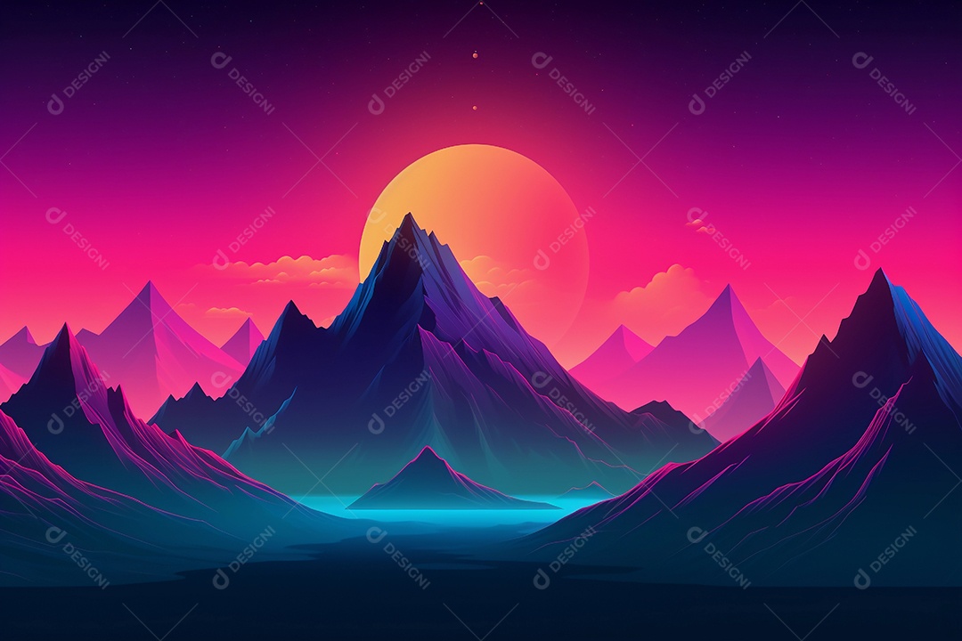 Neon retrowave ou fundo synthwave com grade e sol.