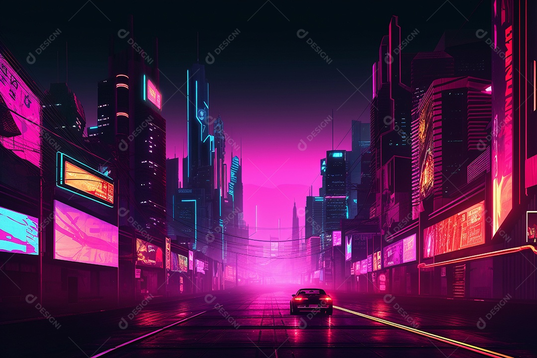 Neon retrowave ou fundo synthwave com grade e sol.