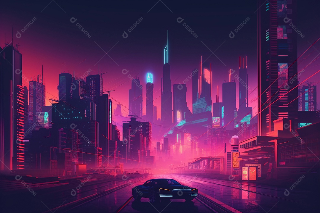 Neon retrowave ou fundo synthwave com grade e sol.