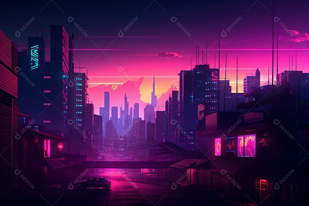 Neon retrowave ou fundo synthwave com grade e sol.