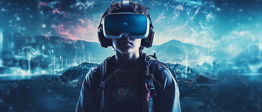 Garotinho ou adolescente usando fone de ouvido VR de realidade virtual para entrar em outro mundo.