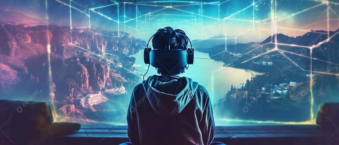 Garotinho ou adolescente usando fone de ouvido VR de realidade virtual para entrar em outro mundo.