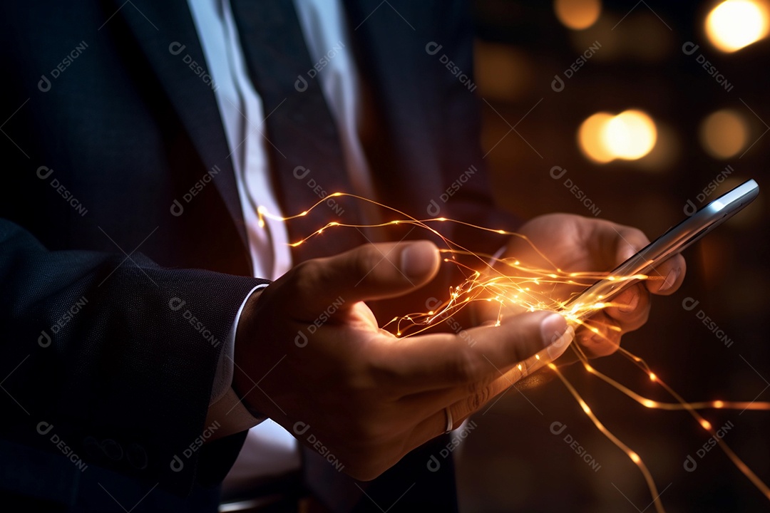 Homem usando smartphone com luzes e faíscas saindo de dentro da tela.