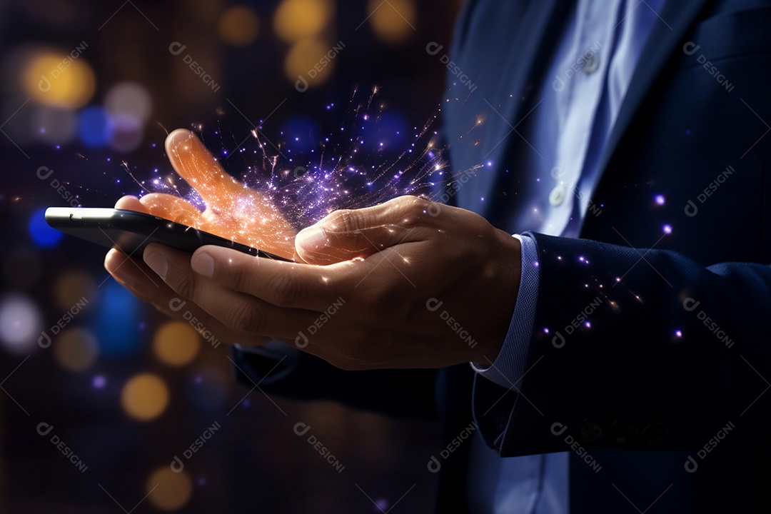 Homem usando smartphone com luzes e faíscas saindo de dentro da tela.