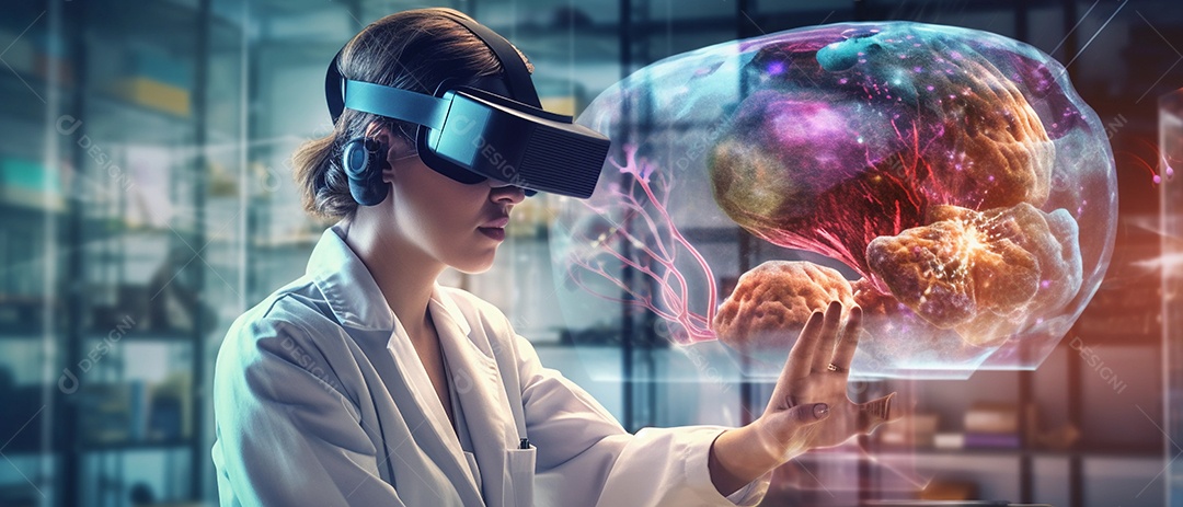 Médico usando fone de ouvido VR para analisar o holograma do cérebro humano e outras partes do corpo com tecnologia futurista de realidade virtual.