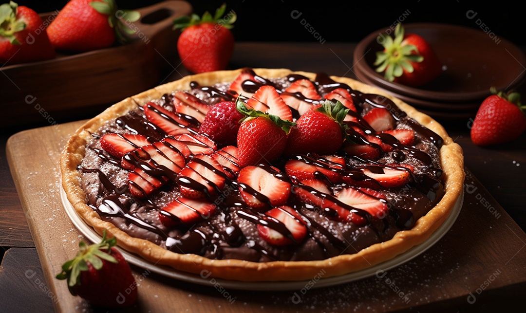 Deliciosa pizza doce de chocolate com morangos