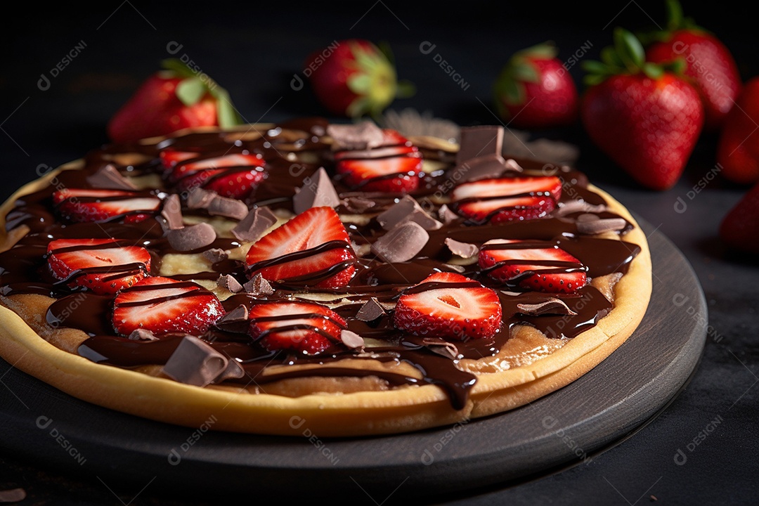 Deliciosa pizza doce de chocolate com morangos