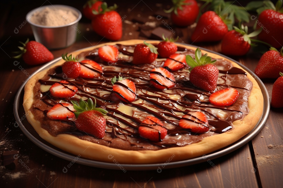 Deliciosa pizza doce de chocolate com morangos
