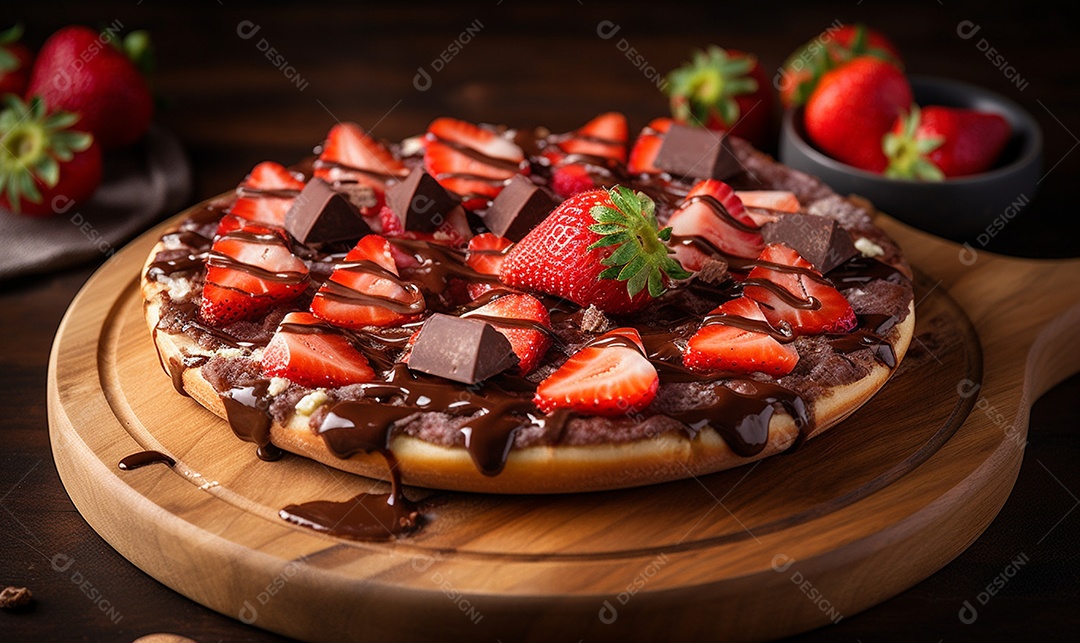 Deliciosa pizza doce de chocolate com morangos