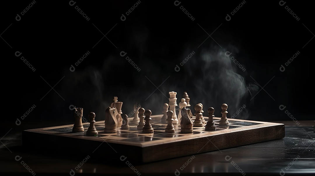 Tabuleiro de xadrez vazio com fumaça flutuando sobre fundo escuro