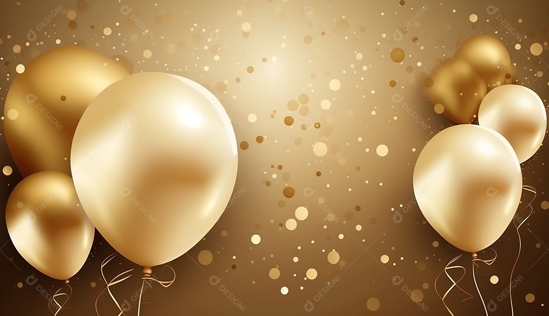 Balões de festa em papel alumínio dourado sobre fundo de confete dourado