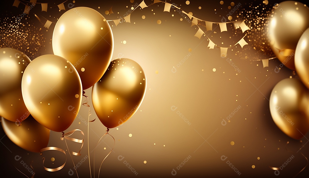 Balões de festa em folha de ouro sobre fundo de confete dourado