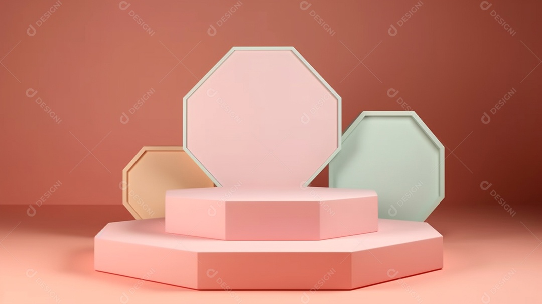 Pódio de placa hexagonal em fundo rosa exposição de produtos