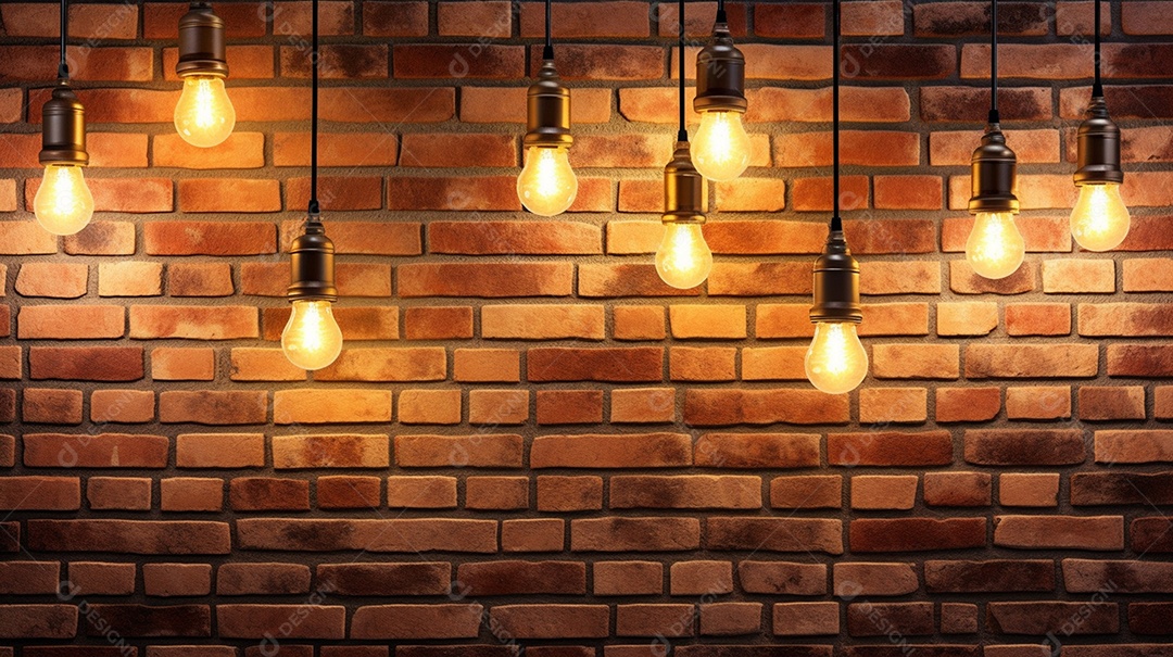 Muitas luminárias pendentes contra uma parede de tijolos vermelhos