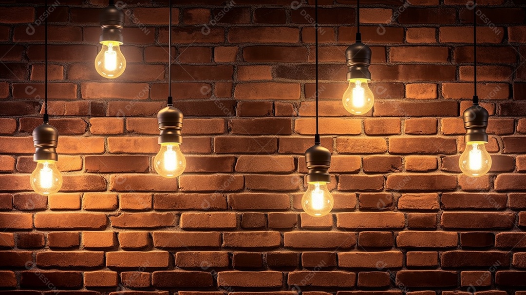 Muitas luminárias pendentes contra uma parede de tijolos vermelhos