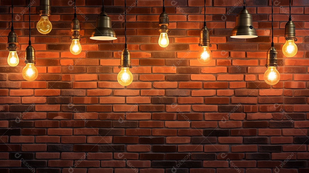 Muitas luminárias pendentes contra uma parede de tijolos vermelhos