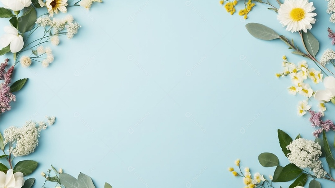 Moldura de flores de primavera em fundo azul