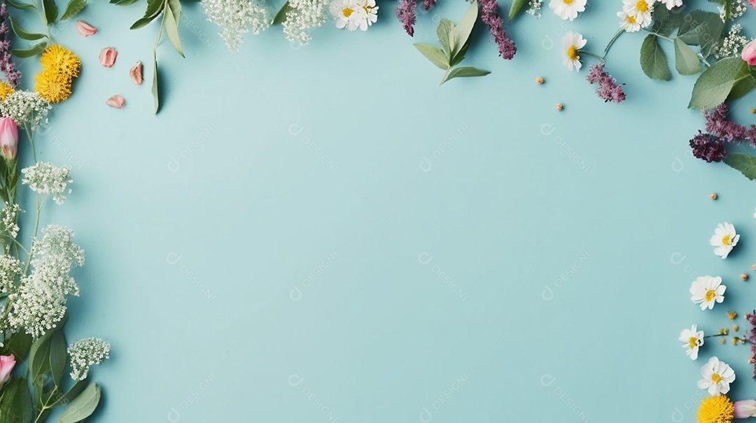 Moldura de flores de primavera em fundo azul