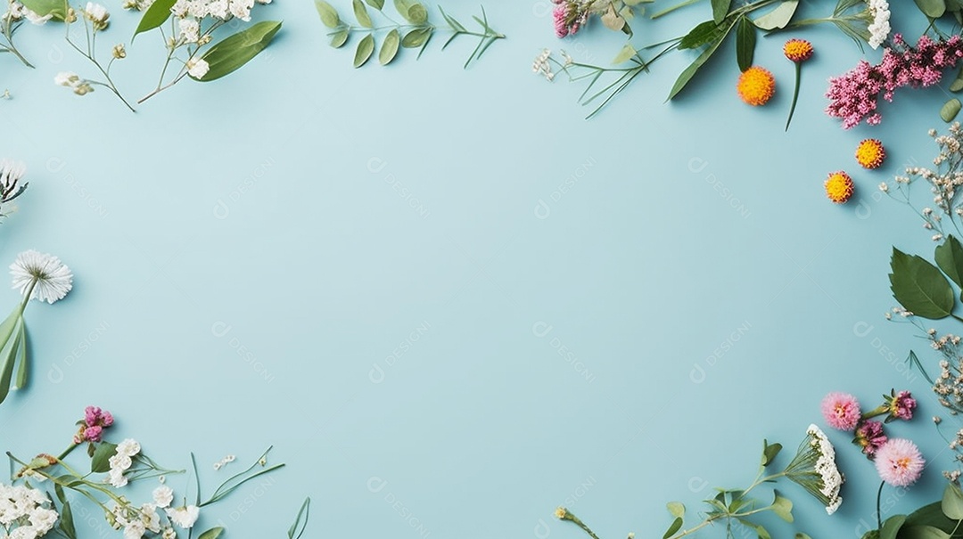 Moldura de flores de primavera em fundo azul