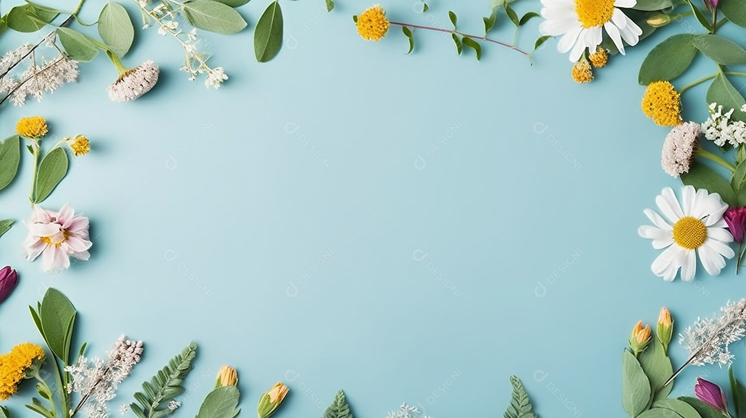 Moldura de flores de primavera em fundo azul