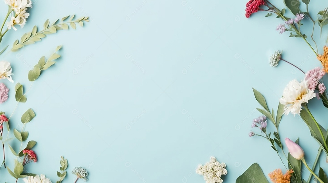 Moldura de flores de primavera em fundo azul