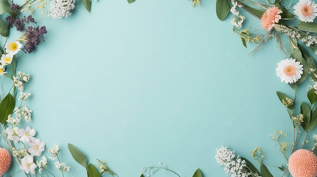 Moldura de flores de primavera em fundo azul