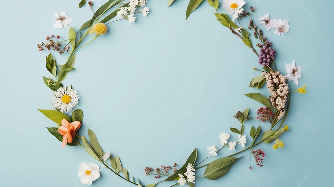 Moldura de flores de primavera em fundo azul