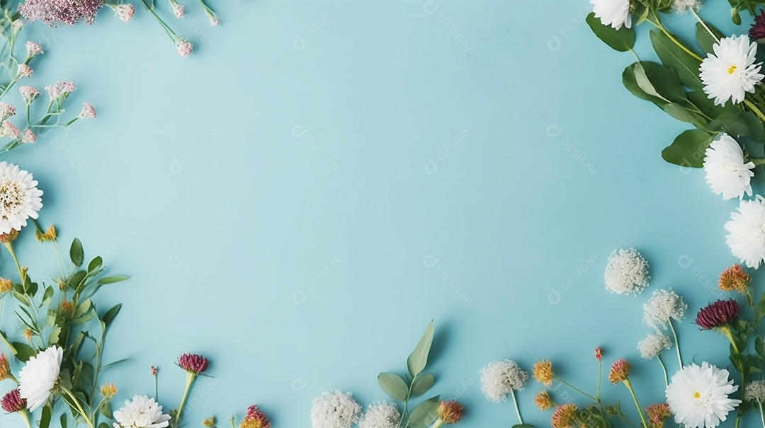 Moldura de flores de primavera em fundo azul