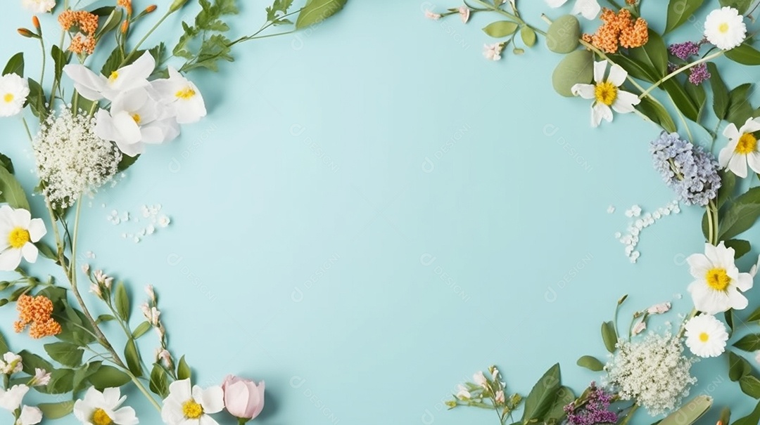 Moldura de flores de primavera em fundo azul