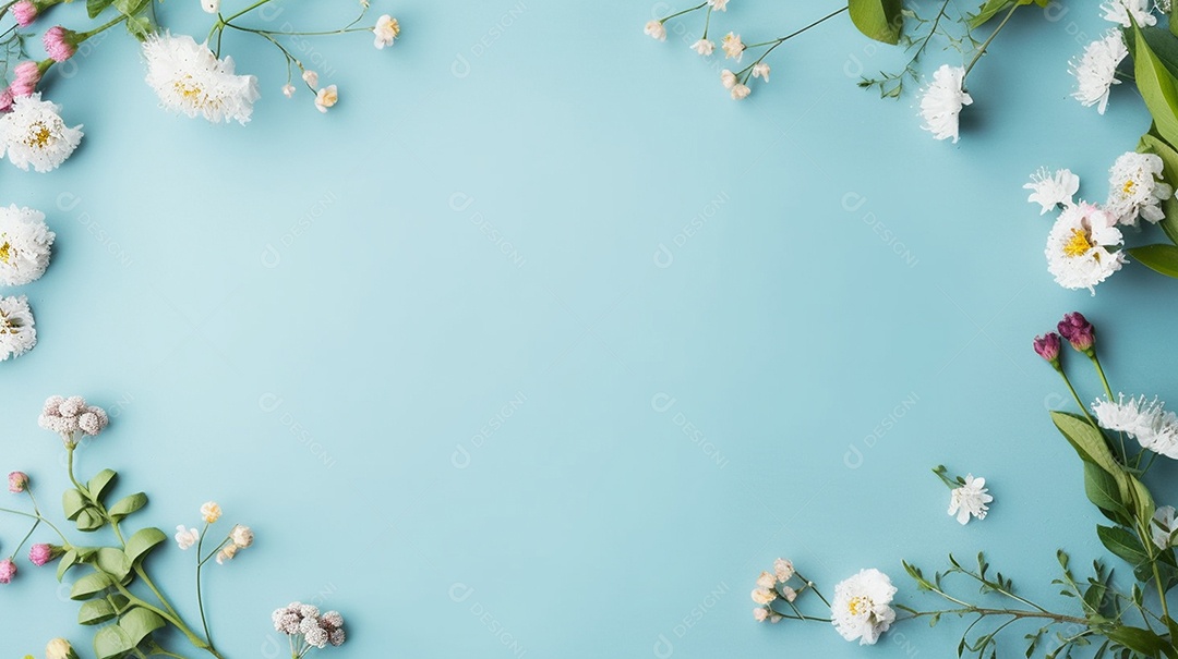 Moldura de flores de primavera em fundo azul