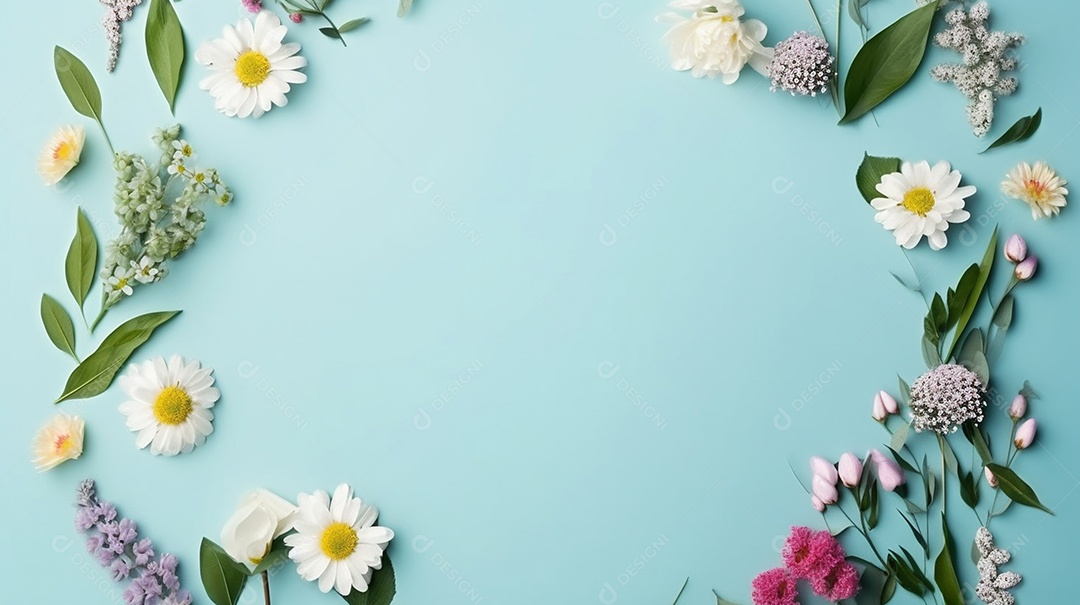 Moldura de flores de primavera em fundo azul