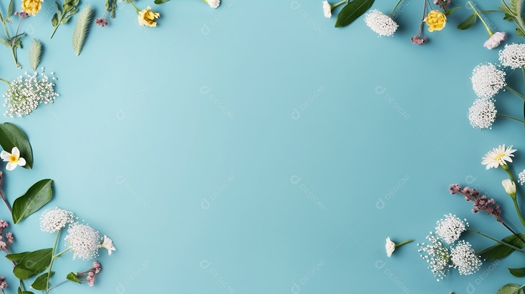 Moldura de flores de primavera em fundo azul