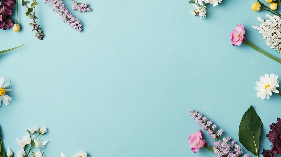 Moldura de flores de primavera em fundo azul