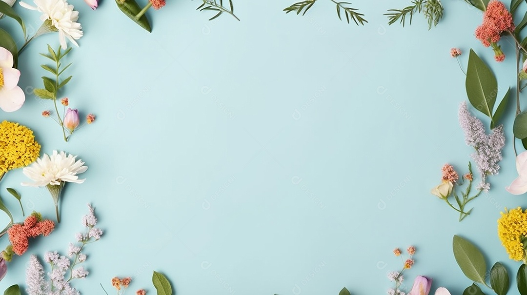 Moldura de flores de primavera em fundo azul