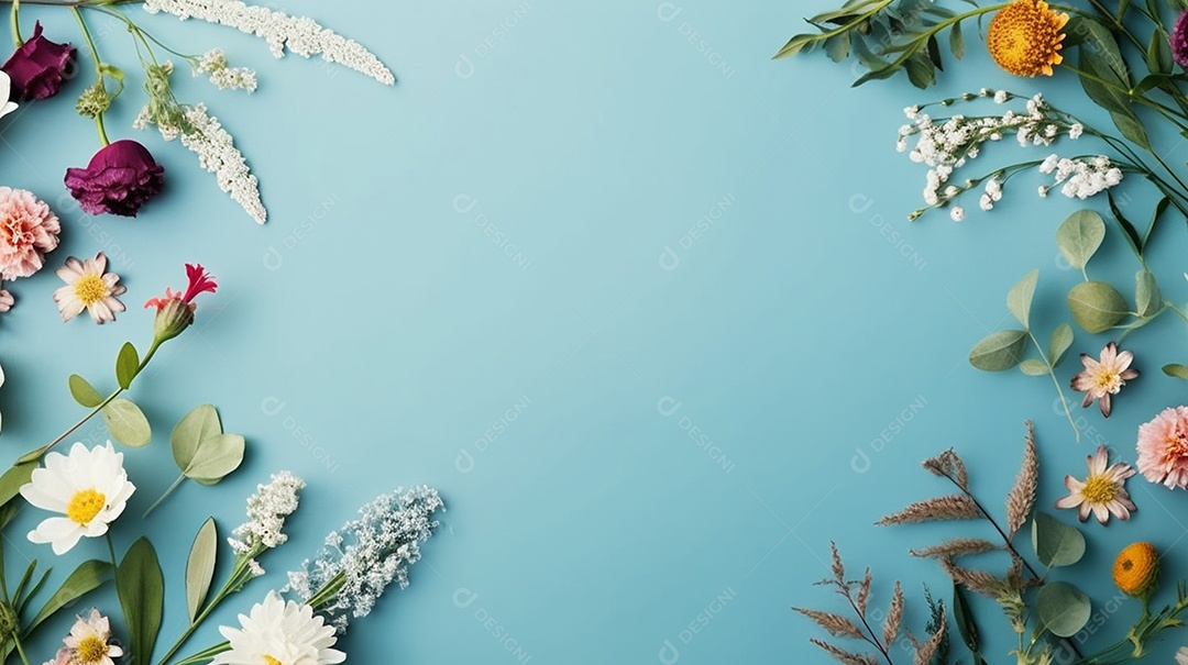 Moldura de flores de primavera em fundo azul