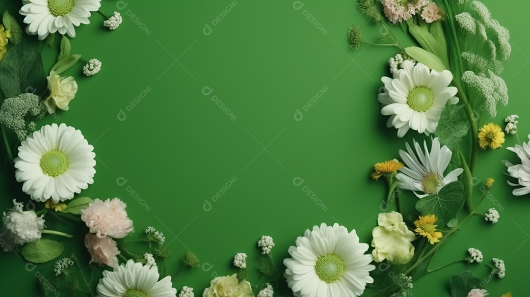 Moldura de flores de primavera em fundo verde