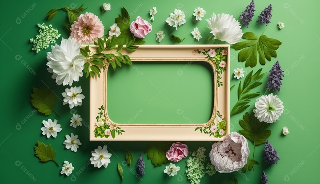 Moldura de flores de primavera em fundo verde