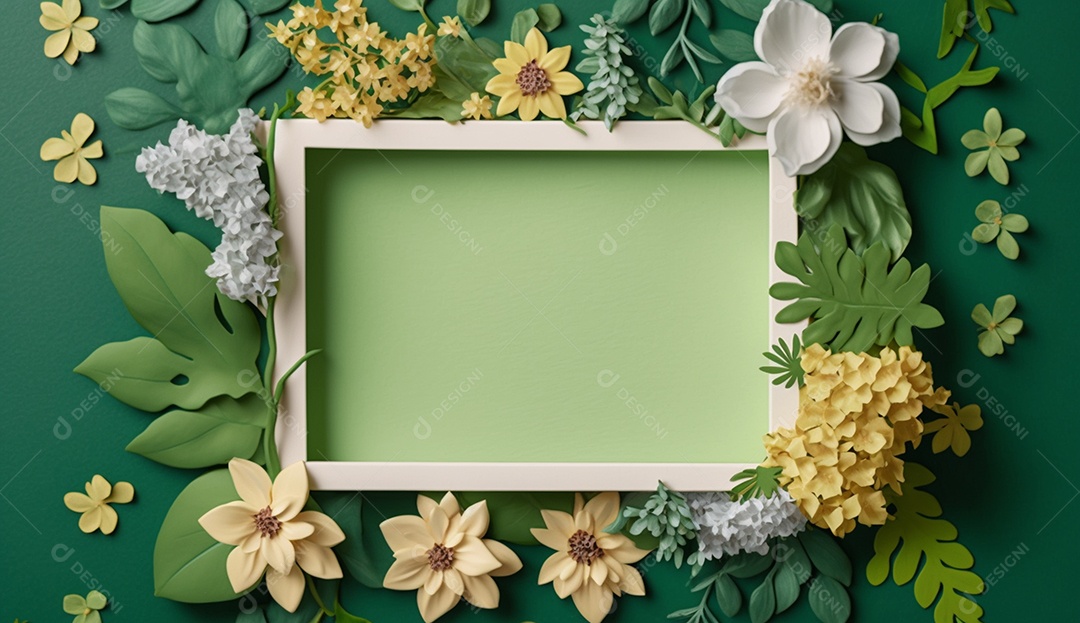 Moldura de flores de primavera em fundo verde