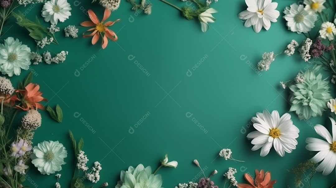 Moldura de flores de primavera em fundo verde