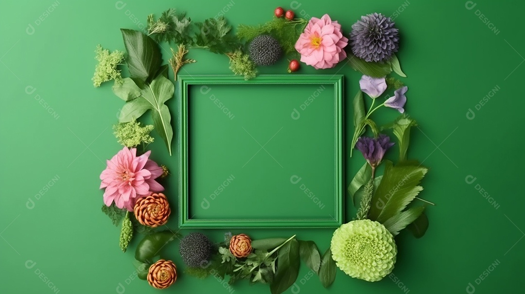 Moldura de flores de primavera em fundo verde