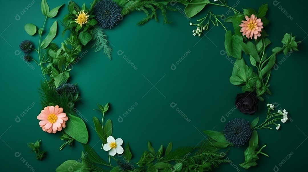 Moldura de flores de primavera em fundo verde