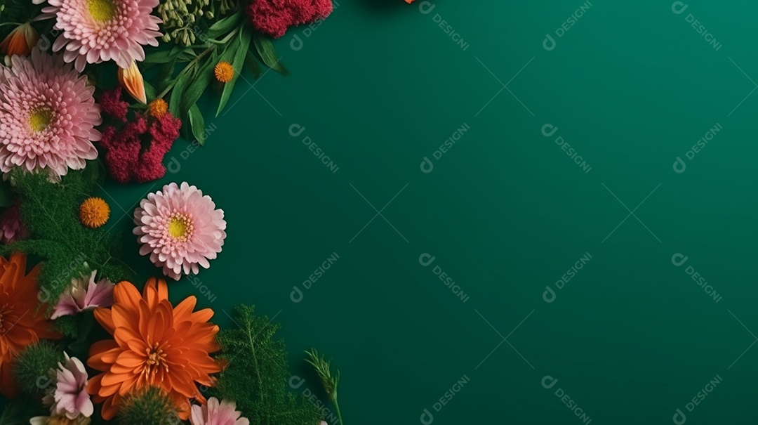 Moldura de flores de primavera em fundo verde