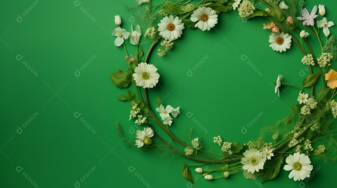 Moldura de flores de primavera em fundo verde