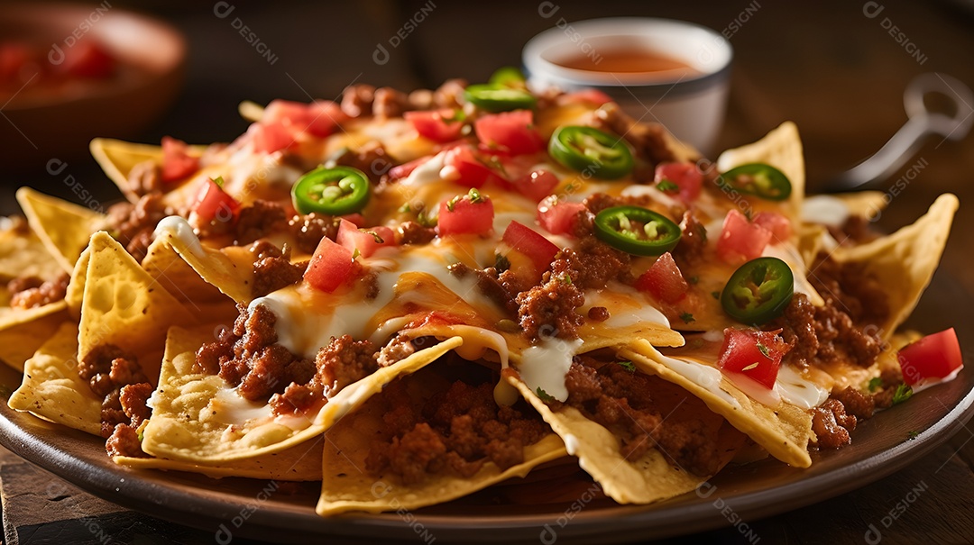 Prato De Comida Nachos De Queijo Com Carne Guacamole e Salsa
